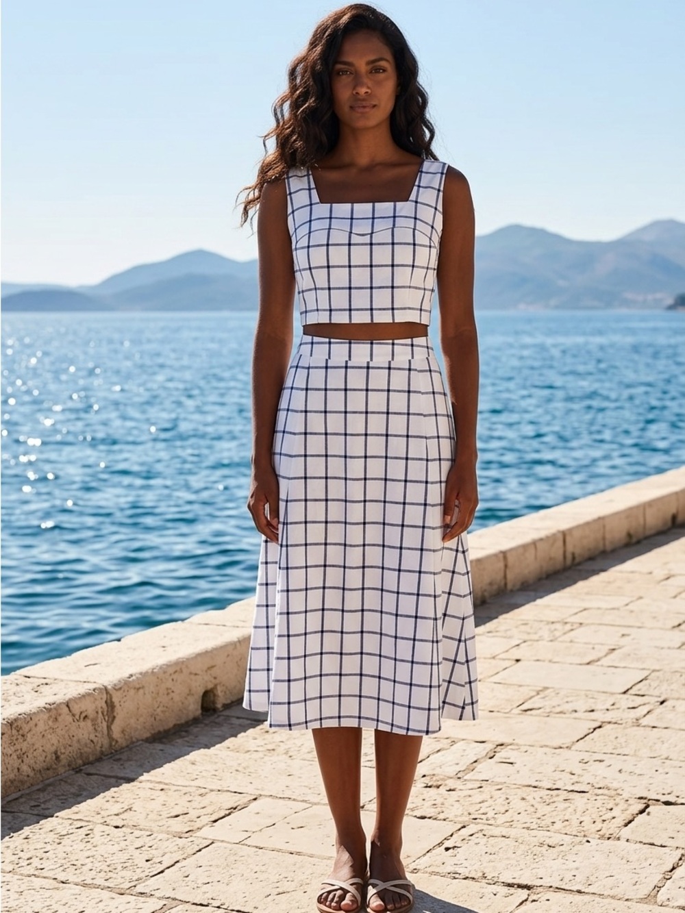Two-Piece White & Navy Windowpane Set - Crop Top & Skirt